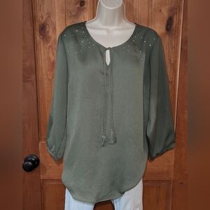 Christopher & Banks Olive Green Blouse with Tassels